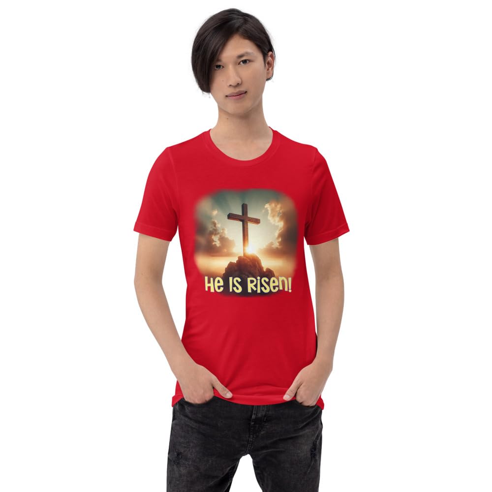 Byte the Bit Unisex Easter He is Risen Cross Sunrise Graphic Crewneck T-Shirt Short Sleeve Men Women Adult Casual