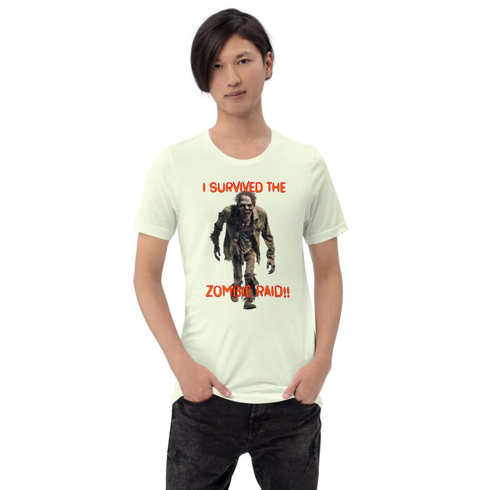 Byte the Bit Unisex I Survived The Zombie Raid Graphic Crewneck T-Shirt Novelty Funny Short Sleeve Men Women Adult Casual
