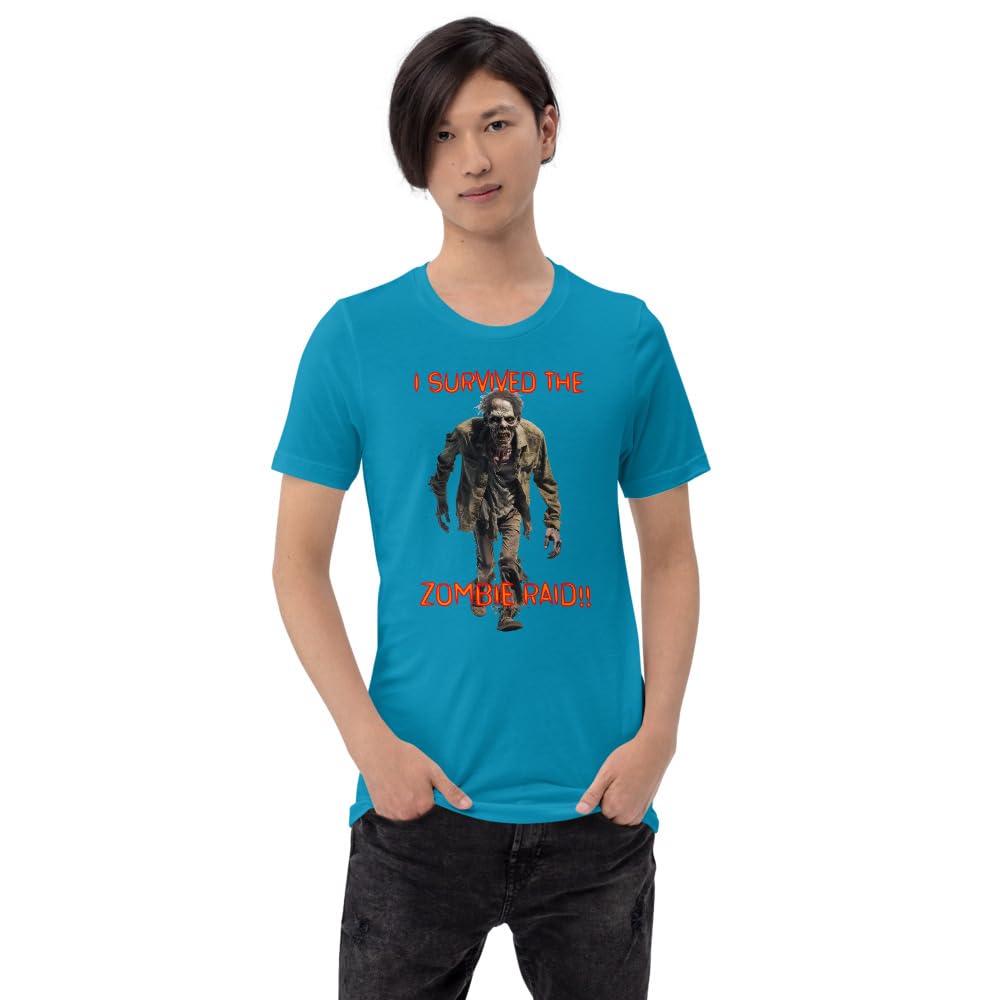 Byte the Bit Unisex I Survived The Zombie Raid Graphic Crewneck T-Shirt Novelty Funny Short Sleeve Men Women Adult Casual
