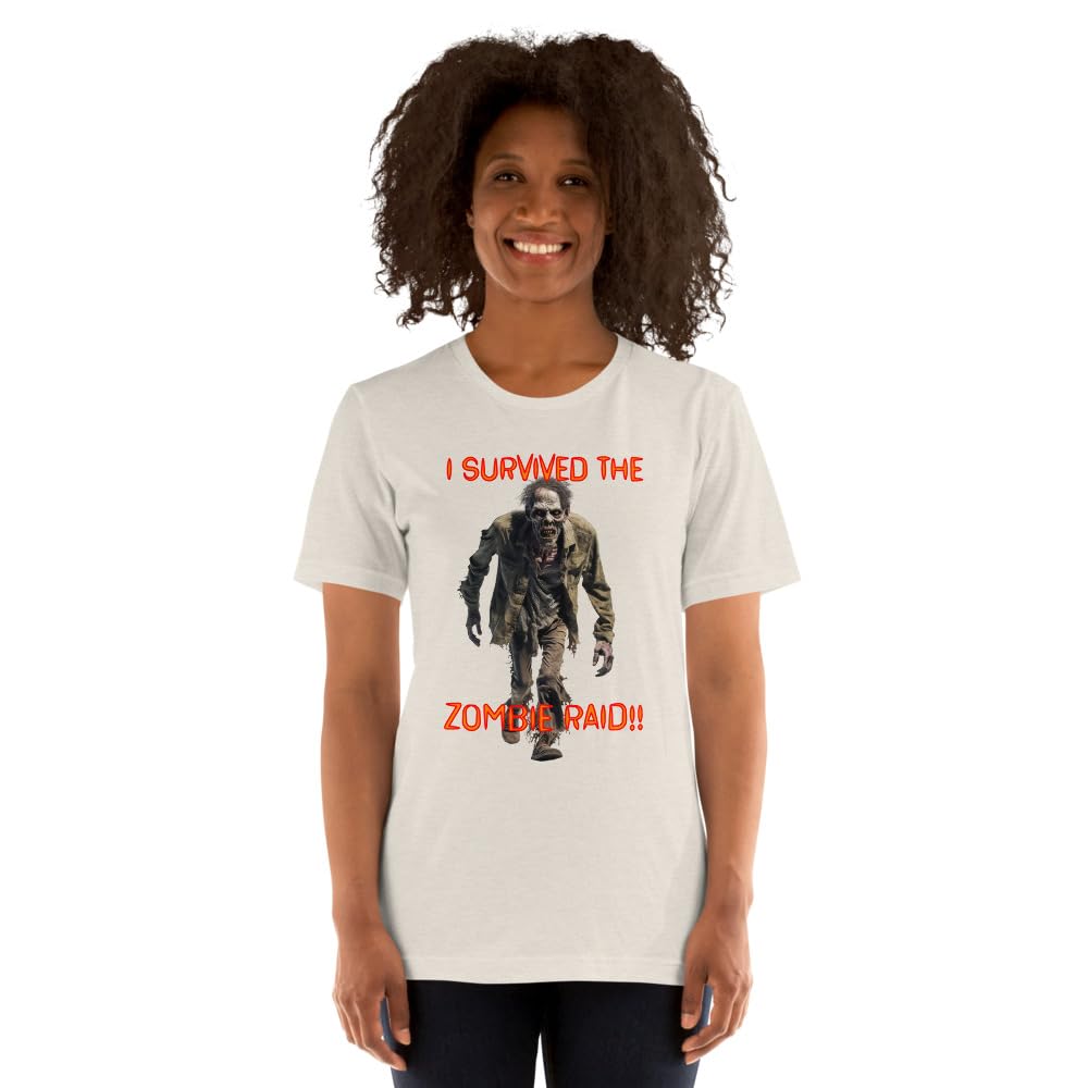 Byte the Bit Unisex I Survived The Zombie Raid Graphic Crewneck T-Shirt Novelty Funny Short Sleeve Men Women Adult Casual