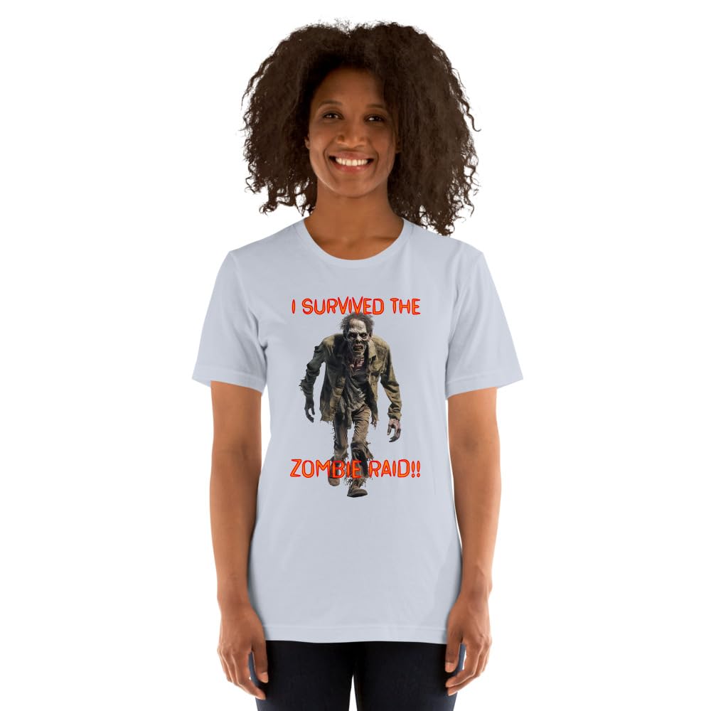 Byte the Bit Unisex I Survived The Zombie Raid Graphic Crewneck T-Shirt Novelty Funny Short Sleeve Men Women Adult Casual