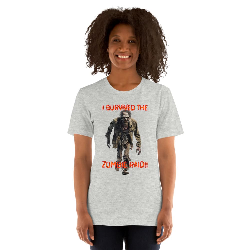 Byte the Bit Unisex I Survived The Zombie Raid Graphic Crewneck T-Shirt Novelty Funny Short Sleeve Men Women Adult Casual