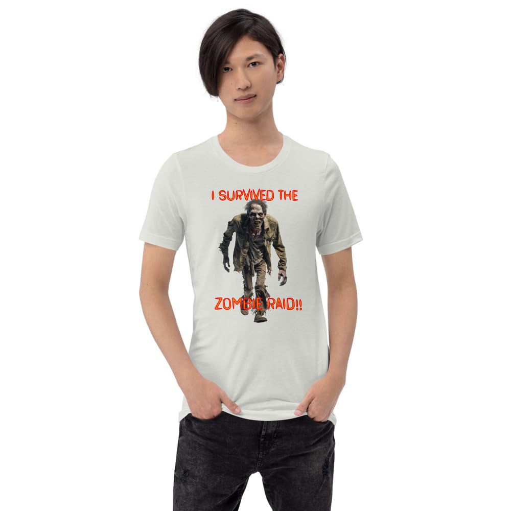 Byte the Bit Unisex I Survived The Zombie Raid Graphic Crewneck T-Shirt Novelty Funny Short Sleeve Men Women Adult Casual