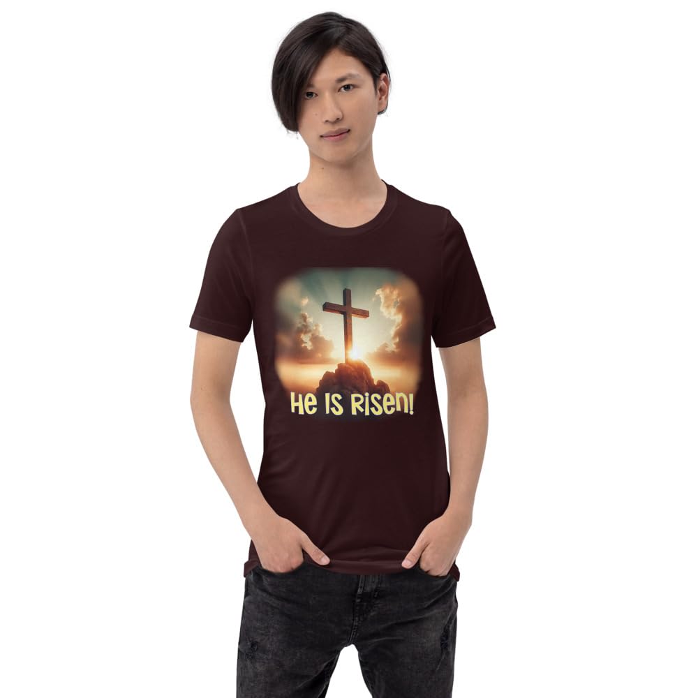 Byte the Bit Unisex Easter He is Risen Cross Sunrise Graphic Crewneck T-Shirt Short Sleeve Men Women Adult Casual