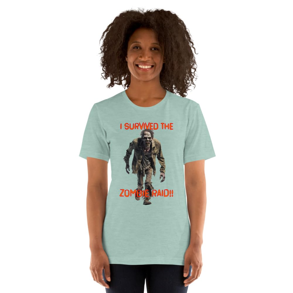 Byte the Bit Unisex I Survived The Zombie Raid Graphic Crewneck T-Shirt Novelty Funny Short Sleeve Men Women Adult Casual