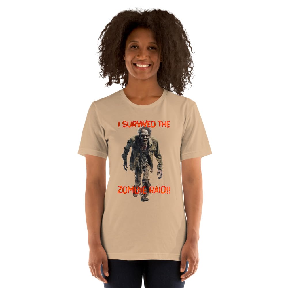 Byte the Bit Unisex I Survived The Zombie Raid Graphic Crewneck T-Shirt Novelty Funny Short Sleeve Men Women Adult Casual