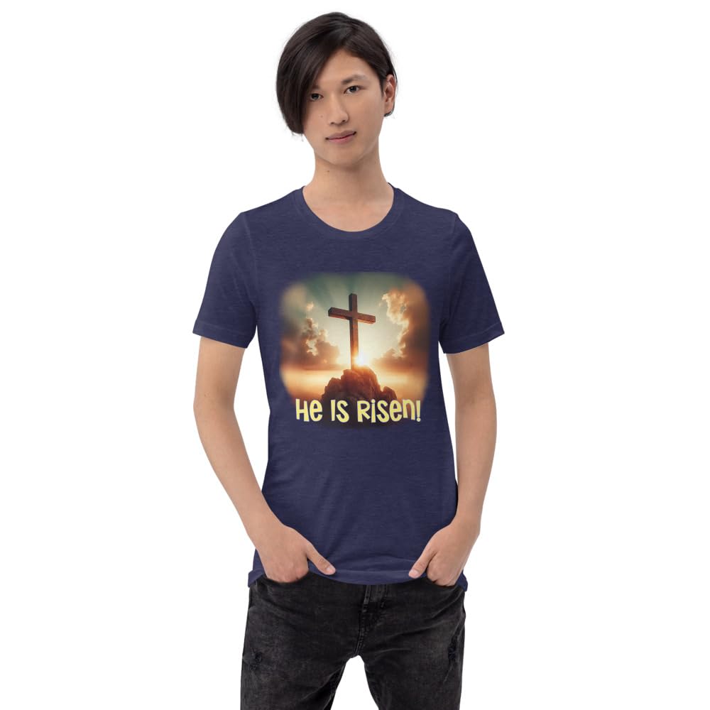 Byte the Bit Unisex Easter He is Risen Cross Sunrise Graphic Crewneck T-Shirt Short Sleeve Men Women Adult Casual