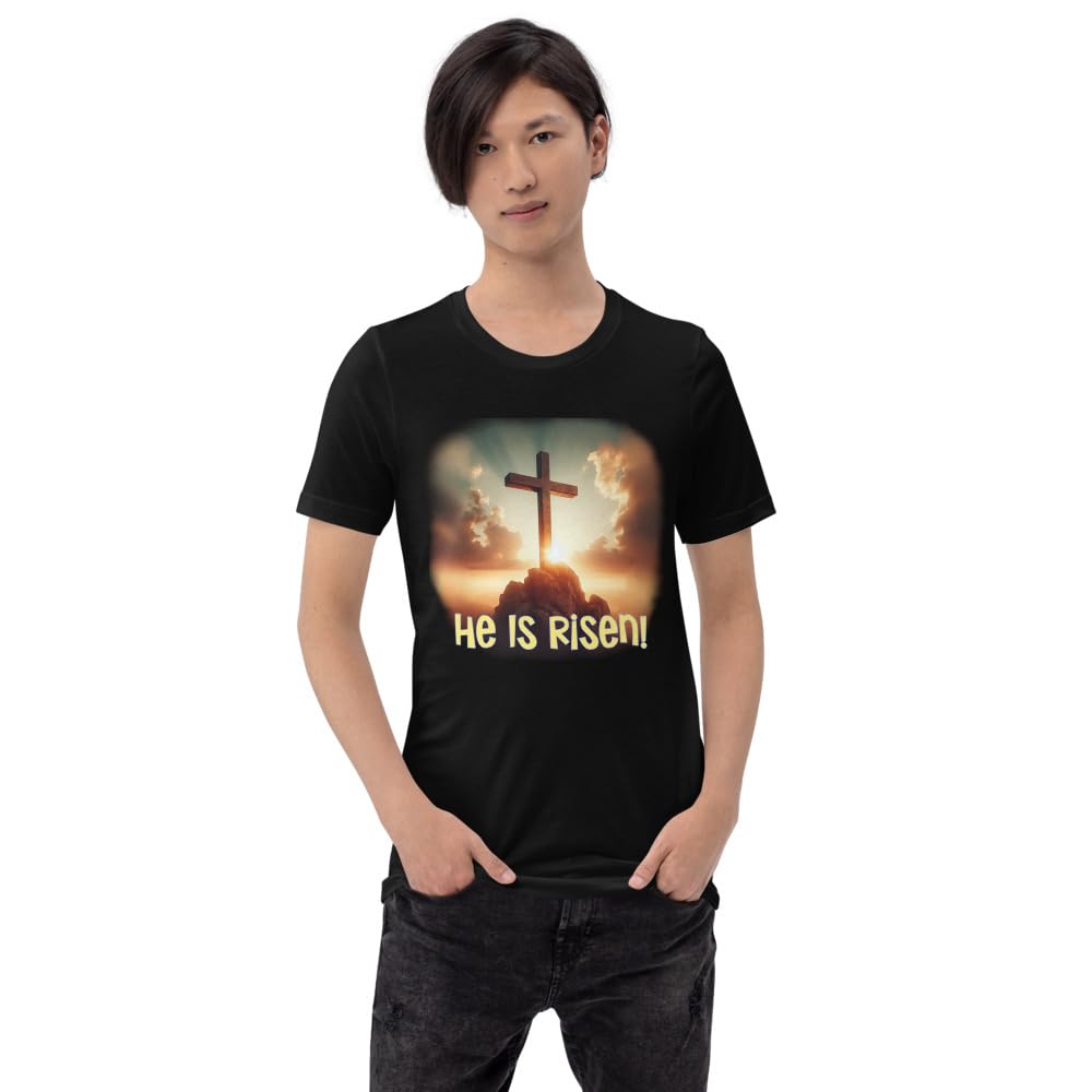 Byte the Bit Unisex Easter He is Risen Cross Sunrise Graphic Crewneck T-Shirt Short Sleeve Men Women Adult Casual