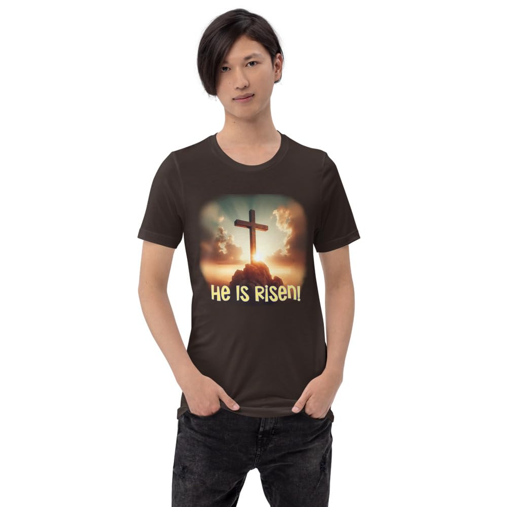 Byte the Bit Unisex Easter He is Risen Cross Sunrise Graphic Crewneck T-Shirt Short Sleeve Men Women Adult Casual