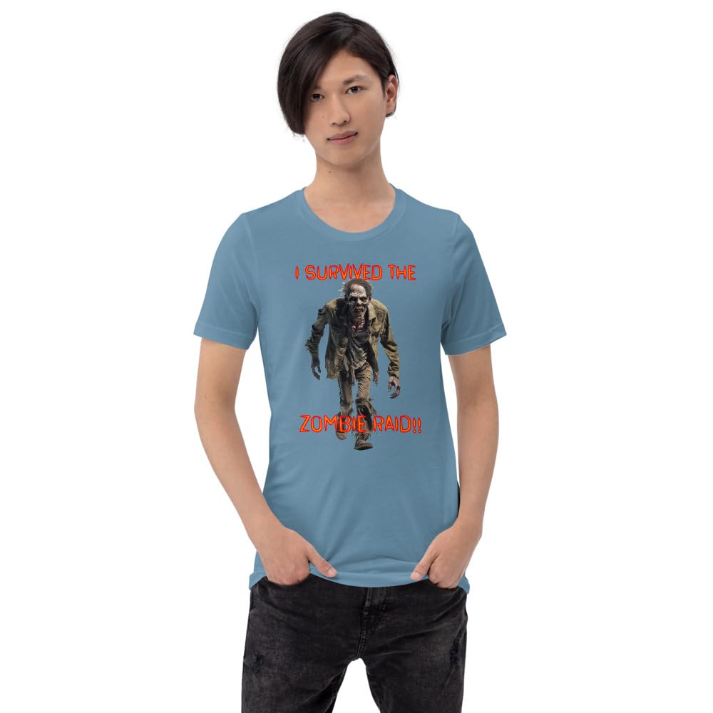 Byte the Bit Unisex I Survived The Zombie Raid Graphic Crewneck T-Shirt Novelty Funny Short Sleeve Men Women Adult Casual