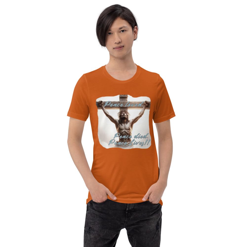 Byte the Bit Unisex Peace Loved Peace Lives Jesus Christ Cross Christian Graphic Crewneck T-Shirt Short Sleeve Adult Casual