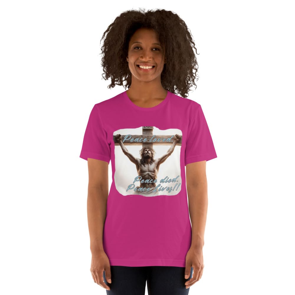 Byte the Bit Unisex Peace Loved Peace Lives Jesus Christ Cross Christian Graphic Crewneck T-Shirt Short Sleeve Adult Casual