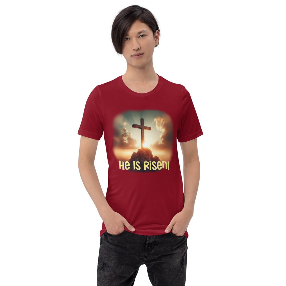 Byte the Bit Unisex Easter He is Risen Cross Sunrise Graphic Crewneck T-Shirt Short Sleeve Men Women Adult Casual