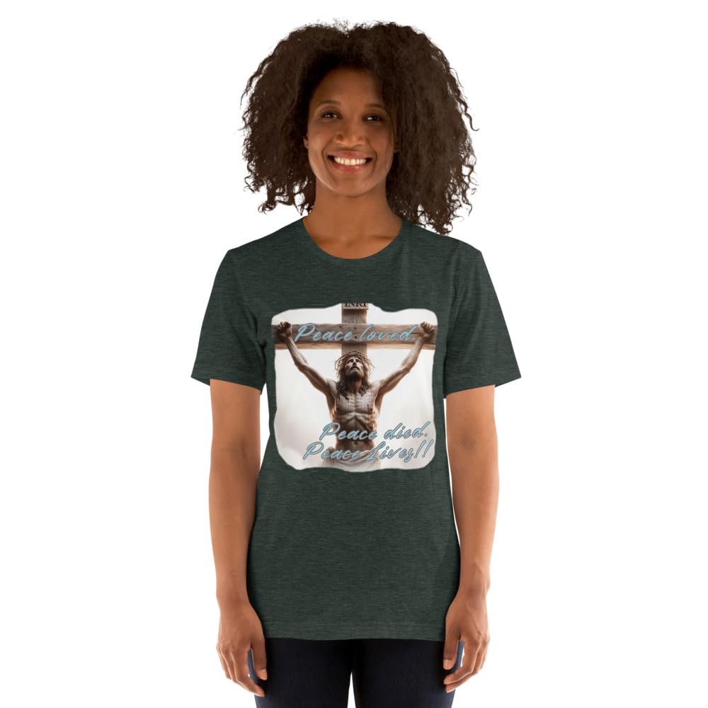 Byte the Bit Unisex Peace Loved Peace Lives Jesus Christ Cross Christian Graphic Crewneck T-Shirt Short Sleeve Adult Casual