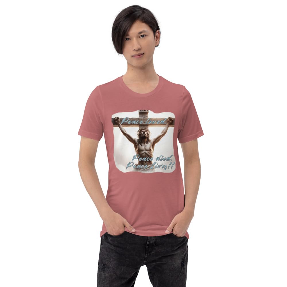 Byte the Bit Unisex Peace Loved Peace Lives Jesus Christ Cross Christian Graphic Crewneck T-Shirt Short Sleeve Adult Casual