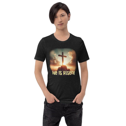 Byte the Bit Unisex Easter He is Risen Cross Sunrise Graphic Crewneck T-Shirt Short Sleeve Men Women Adult Casual