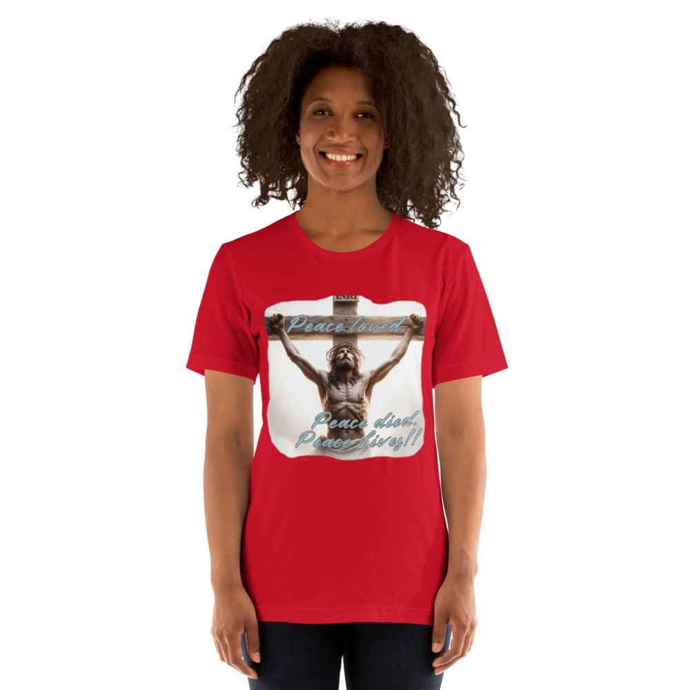 Byte the Bit Unisex Peace Loved Peace Lives Jesus Christ Cross Christian Graphic Crewneck T-Shirt Short Sleeve Adult Casual
