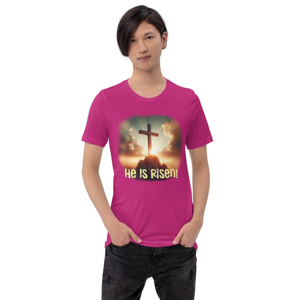 Byte the Bit Unisex Easter He is Risen Cross Sunrise Graphic Crewneck T-Shirt Short Sleeve Men Women Adult Casual