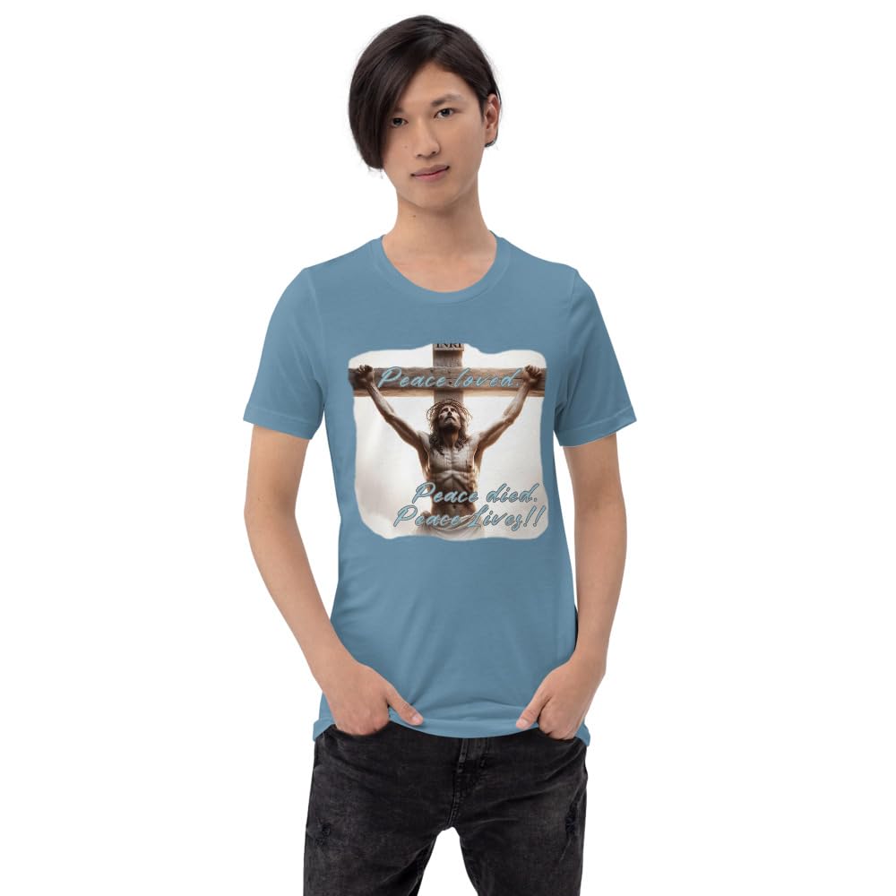 Byte the Bit Unisex Peace Loved Peace Lives Jesus Christ Cross Christian Graphic Crewneck T-Shirt Short Sleeve Adult Casual