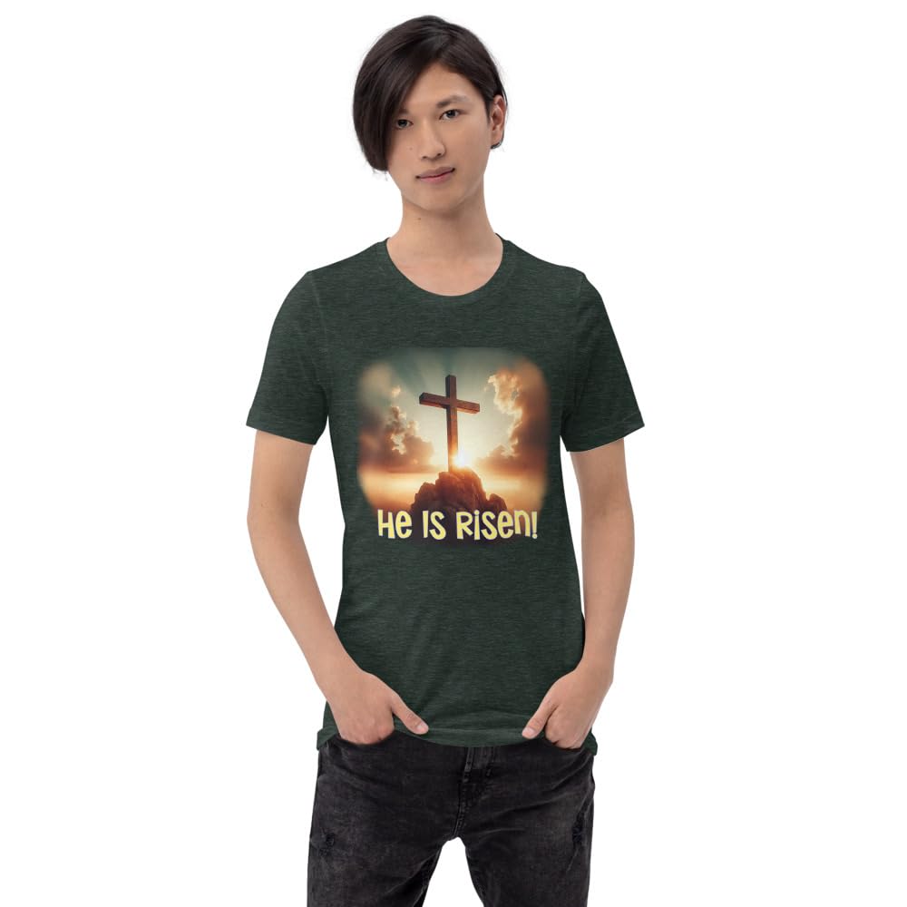 Byte the Bit Unisex Easter He is Risen Cross Sunrise Graphic Crewneck T-Shirt Short Sleeve Men Women Adult Casual