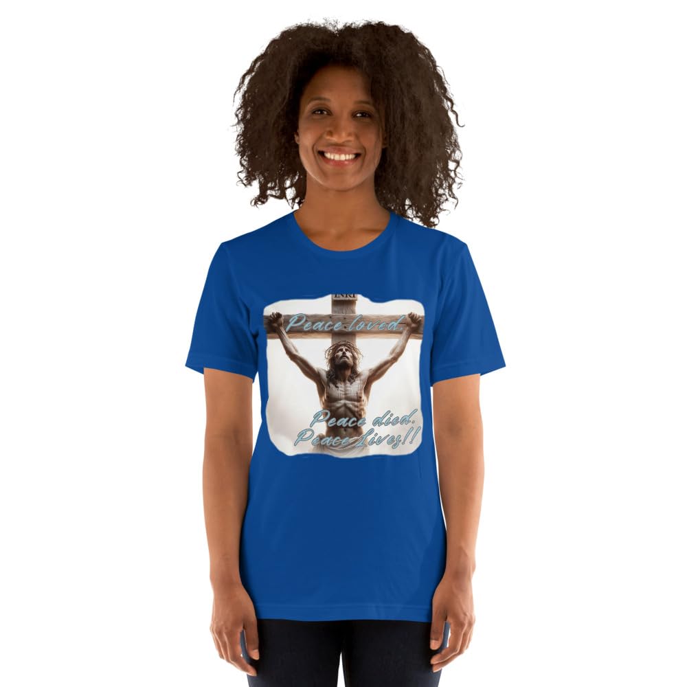 Byte the Bit Unisex Peace Loved Peace Lives Jesus Christ Cross Christian Graphic Crewneck T-Shirt Short Sleeve Adult Casual