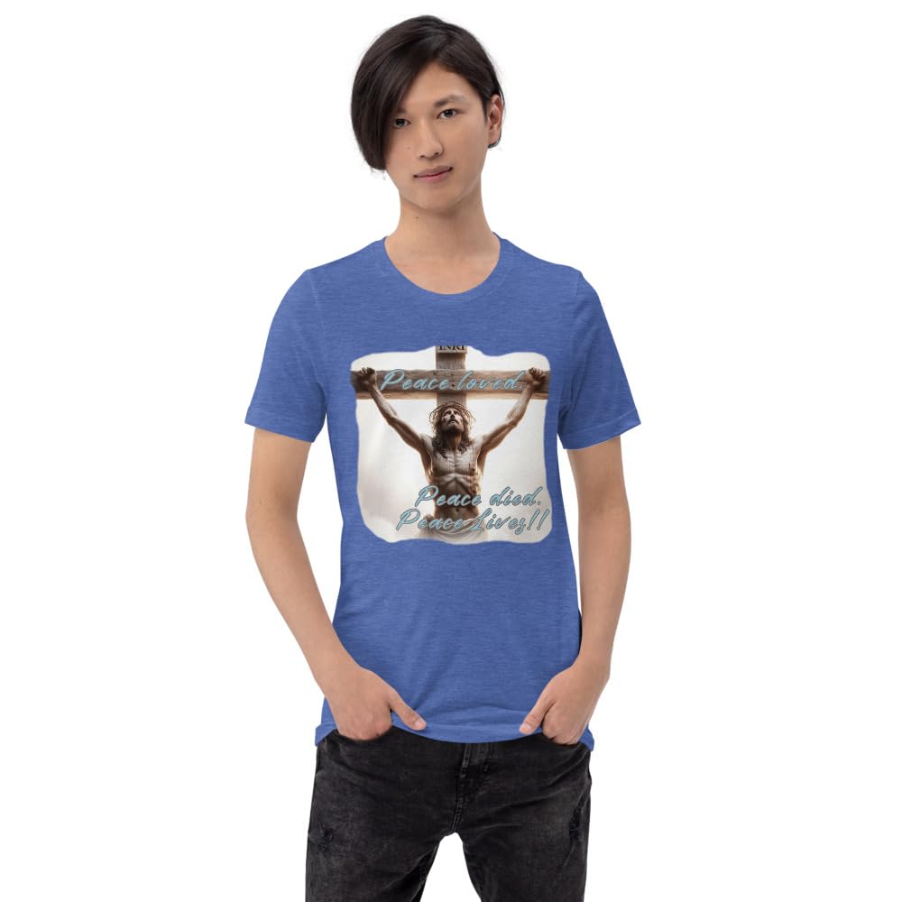 Byte the Bit Unisex Peace Loved Peace Lives Jesus Christ Cross Christian Graphic Crewneck T-Shirt Short Sleeve Adult Casual