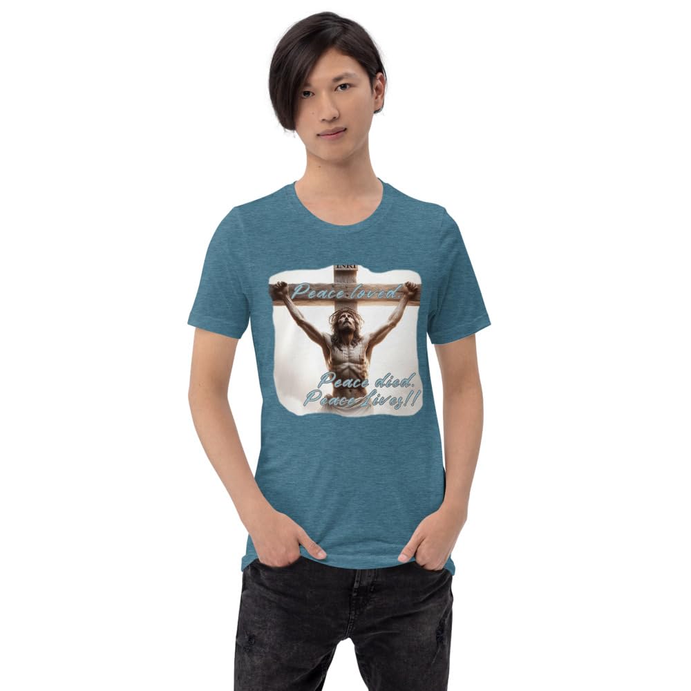 Byte the Bit Unisex Peace Loved Peace Lives Jesus Christ Cross Christian Graphic Crewneck T-Shirt Short Sleeve Adult Casual