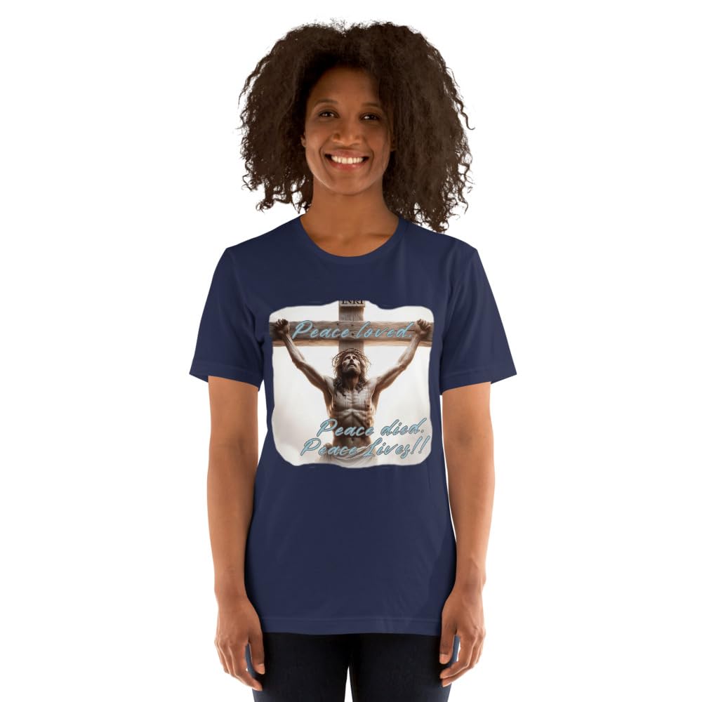Byte the Bit Unisex Peace Loved Peace Lives Jesus Christ Cross Christian Graphic Crewneck T-Shirt Short Sleeve Adult Casual