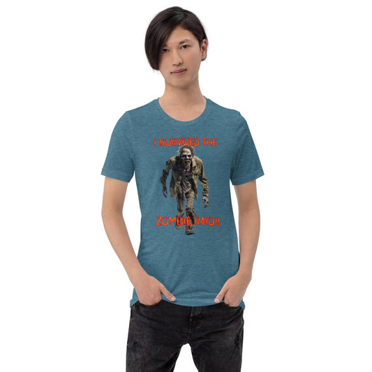 Byte the Bit Unisex I Survived The Zombie Raid Graphic Crewneck T-Shirt Novelty Funny Short Sleeve Men Women Adult Casual