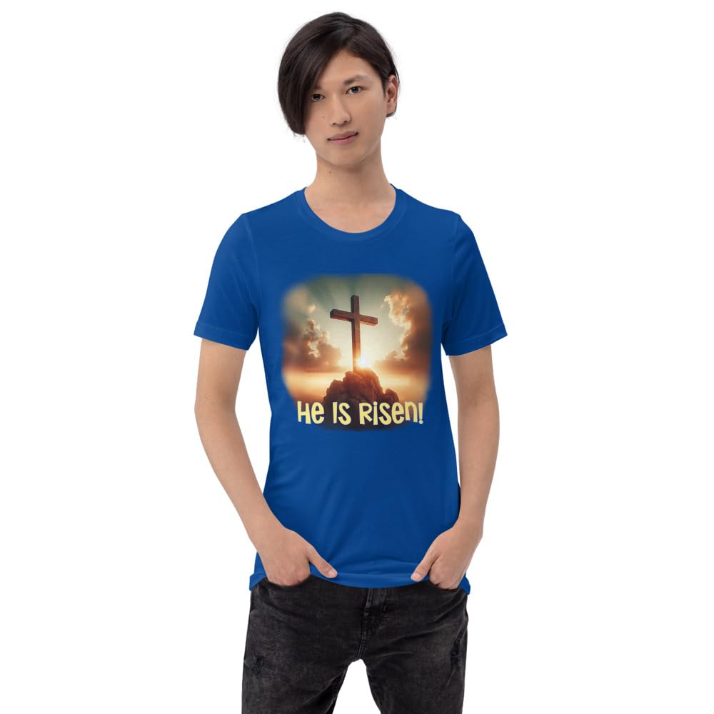 Byte the Bit Unisex Easter He is Risen Cross Sunrise Graphic Crewneck T-Shirt Short Sleeve Men Women Adult Casual