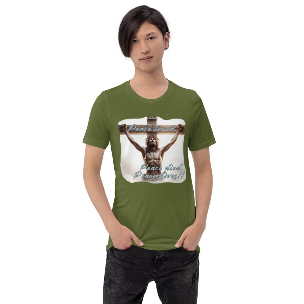 Byte the Bit Unisex Peace Loved Peace Lives Jesus Christ Cross Christian Graphic Crewneck T-Shirt Short Sleeve Adult Casual