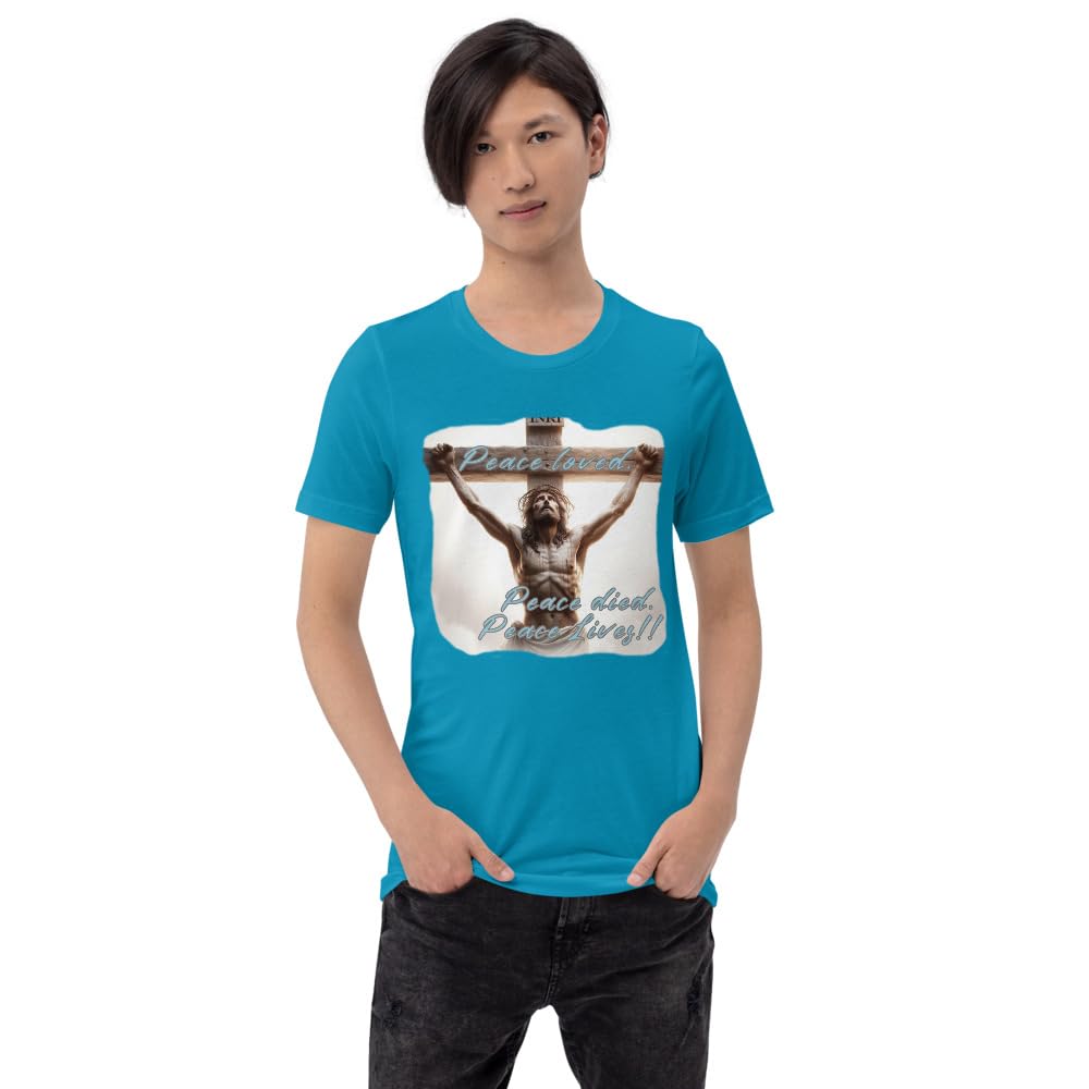 Byte the Bit Unisex Peace Loved Peace Lives Jesus Christ Cross Christian Graphic Crewneck T-Shirt Short Sleeve Adult Casual