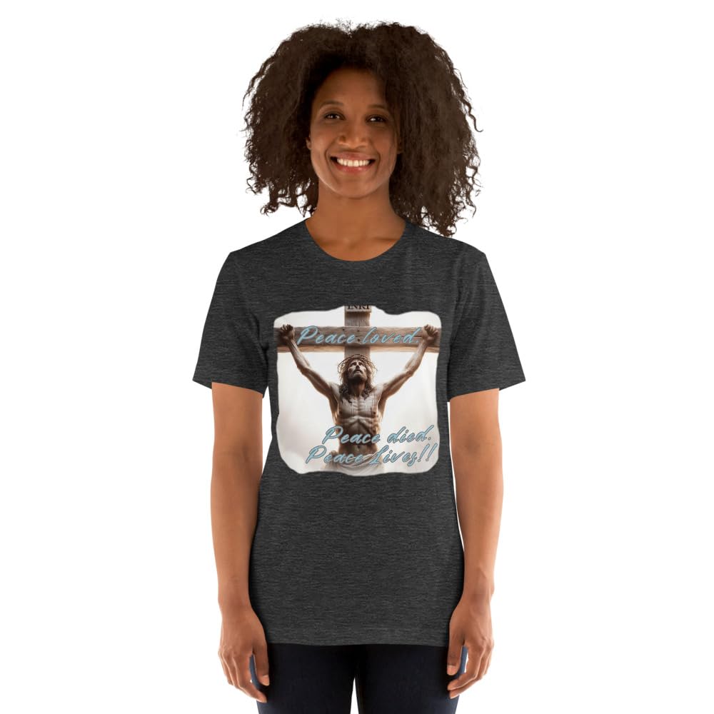 Byte the Bit Unisex Peace Loved Peace Lives Jesus Christ Cross Christian Graphic Crewneck T-Shirt Short Sleeve Adult Casual
