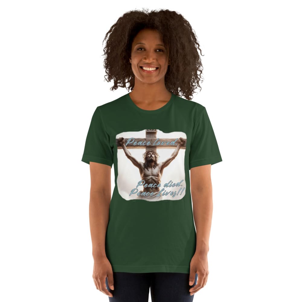Byte the Bit Unisex Peace Loved Peace Lives Jesus Christ Cross Christian Graphic Crewneck T-Shirt Short Sleeve Adult Casual
