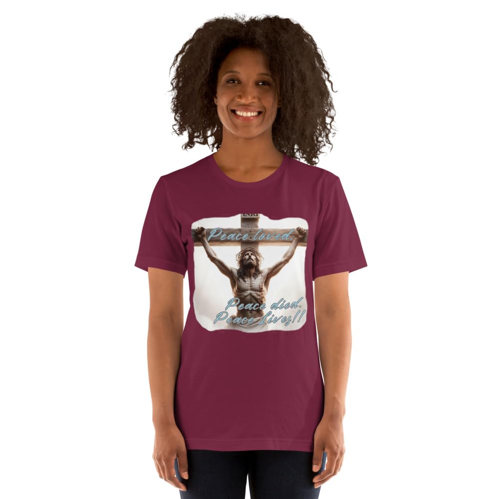 Byte the Bit Unisex Peace Loved Peace Lives Jesus Christ Cross Christian Graphic Crewneck T-Shirt Short Sleeve Adult Casual