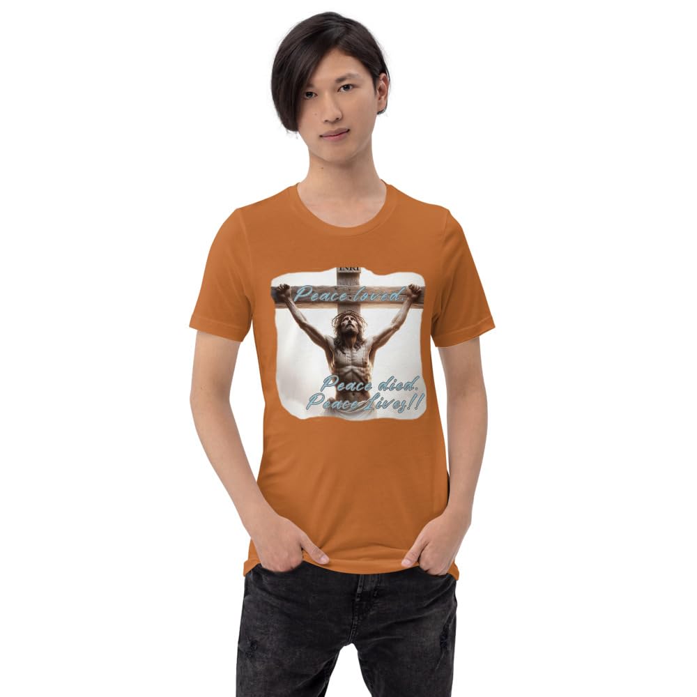 Byte the Bit Unisex Peace Loved Peace Lives Jesus Christ Cross Christian Graphic Crewneck T-Shirt Short Sleeve Adult Casual