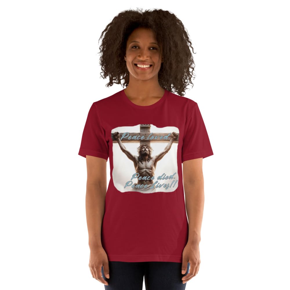 Byte the Bit Unisex Peace Loved Peace Lives Jesus Christ Cross Christian Graphic Crewneck T-Shirt Short Sleeve Adult Casual